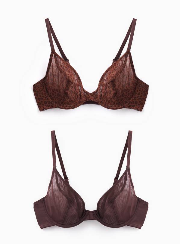 Dark Brown Leopard Mesh Plunge Bras 2 Pack  40D